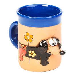 Coupe en céramique bleue avec un chien de toit et une fleur I