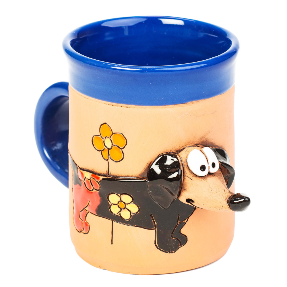 Coupe en céramique bleue avec un chien de toit et une fleur I Coupe en céramique bleue avec un chien de toit et une fleur I
