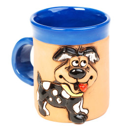 Coupe en céramique bleue avec un chien avec col jaune