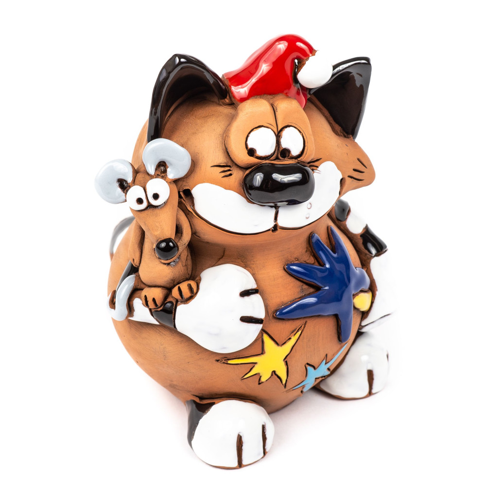 Cat avec souris en céramique avec bouchon de Noël Cat avec souris en céramique avec bouchon de Noël